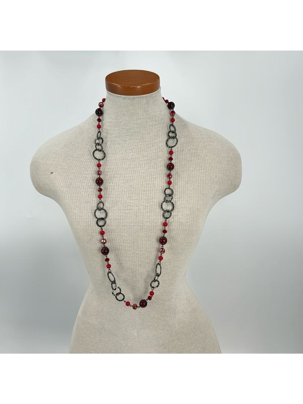 Premier designs grey and red beaded long statement necklace